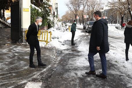 10/01/2021. Sánchez preside la reunión del CECOD de Protección Civil. El presidente del Gobierno, Pedro Sánchez, llega a la sede del Ministe...