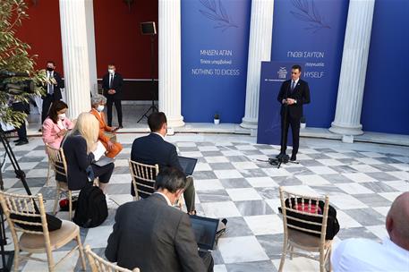 10/05/2021. Viaje del presidente del Gobierno a Grecia. El presidente del Gobierno, Pedro Sánchez, ha atendido a los medios de comunicación.