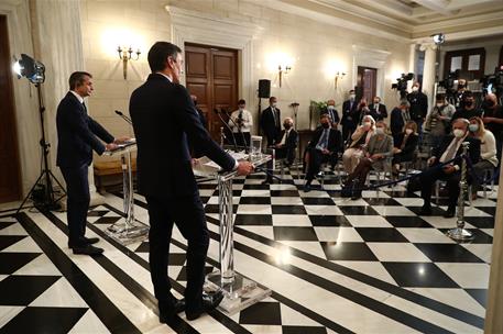 10/05/2021. Viaje del presidente del Gobierno a Grecia. El presidente del Gobierno, Pedro Sánchez, y el primer ministro de la República Helé...