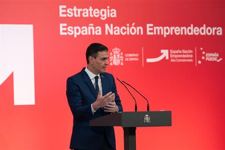 11/02/2021. Sánchez presenta la 'Estrategia España Nación Emprendedora'. El presidente del Gobierno, Pedro Sánchez, durante su intervención ...
