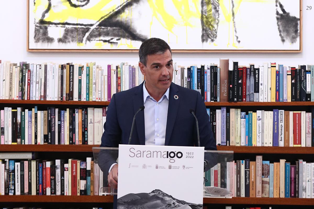 11/08/2021. Sánchez asiste a la presentación de los actos del centenario de Saramago. El presidente del Gobierno, Pedro Sánchez, durante su ...