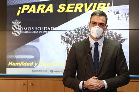 12/01/2021. Pedro Sánchez visita la Unidad Militar de Emergencias (UME). El presidente del Gobierno, Pedro Sánchez, durante su intervención ...