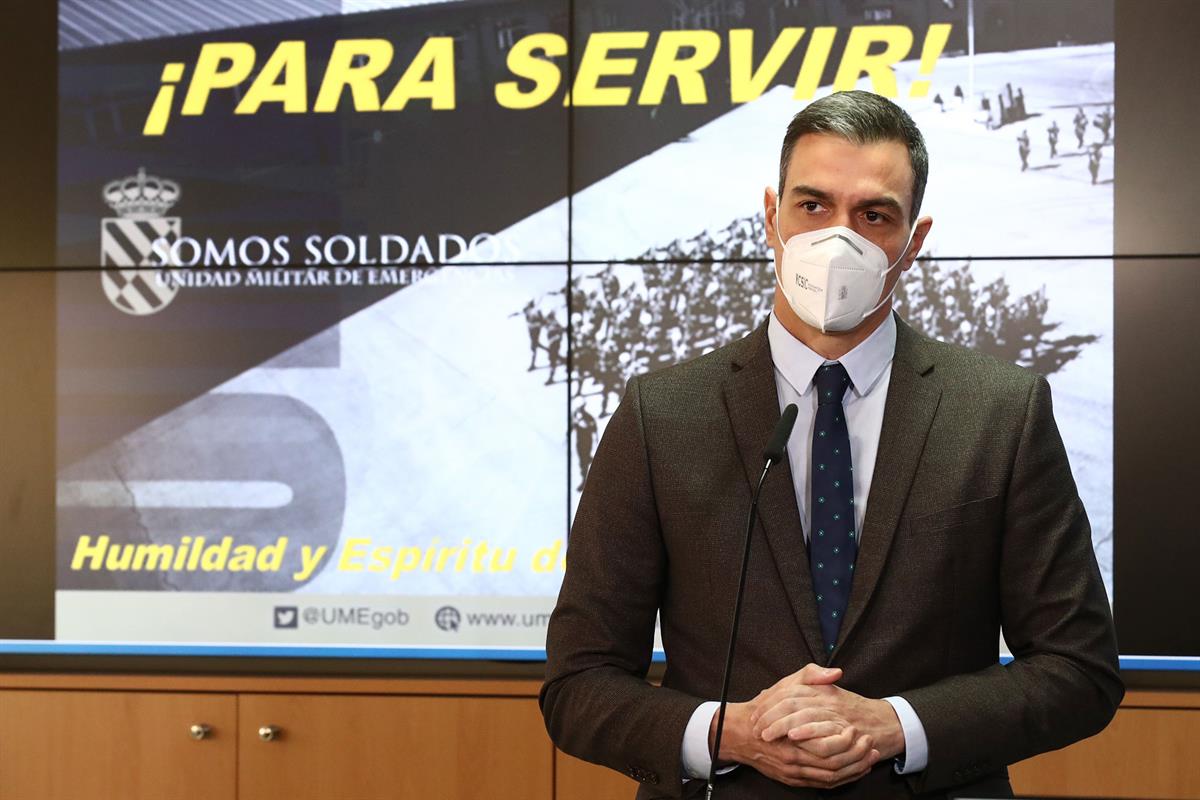 12/01/2021. Pedro Sánchez visita la Unidad Militar de Emergencias (UME). El presidente del Gobierno, Pedro Sánchez, durante su intervención ...