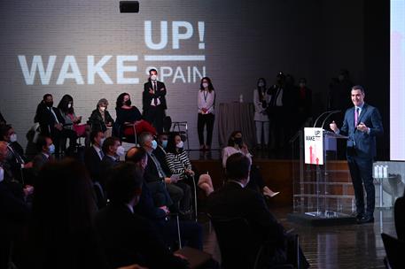 12/04/2021. Pedro Sánchez inaugura el simposio económico 'Wake Up, Spain!'. El presidente del Gobierno, Pedro Sánchez, durante su intervenci...