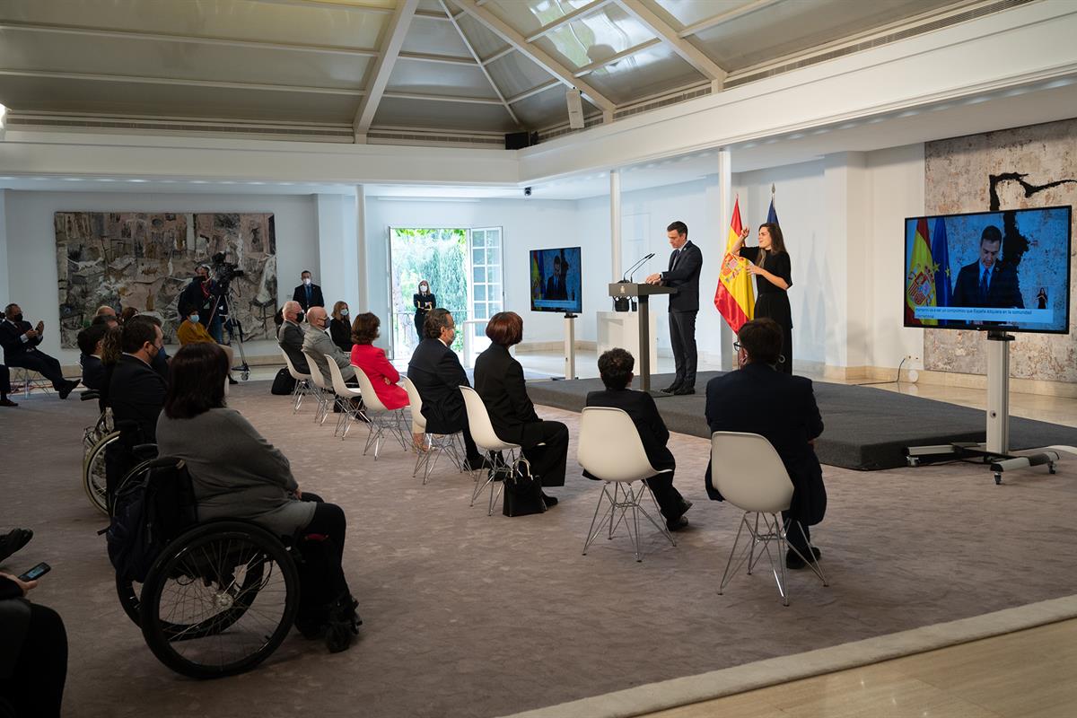 13/05/2021. Acto sobre la reforma del art. 49 de la Constitución. El presidente del Gobierno, Pedro Sánchez, durante su intervención en el a...