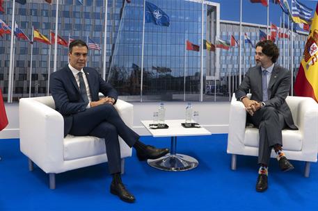 14/06/2021. Pedro Sánchez asiste a la Cumbre de la OTAN. El presidente del Gobierno, Pedro Sánchez, y el primer ministro de Canadá, Justin Trudeau.