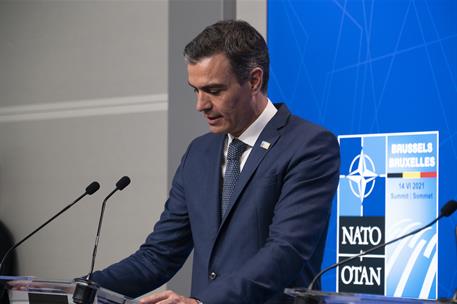 14/06/2021. Pedro Sánchez asiste a la Cumbre de la OTAN. El presidente del Gobierno, Pedro Sánchez, durante su intervención en la rueda de p...