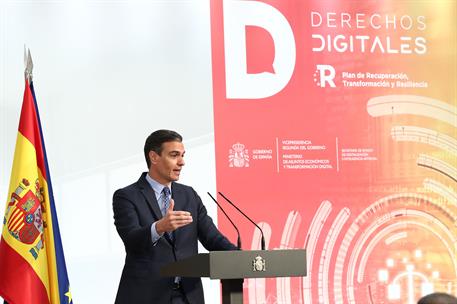 14/07/2021. Sánchez preside la presentación de la Carta de Derechos Digitales. El presidente del Gobierno, Pedro Sánchez, durante su interve...