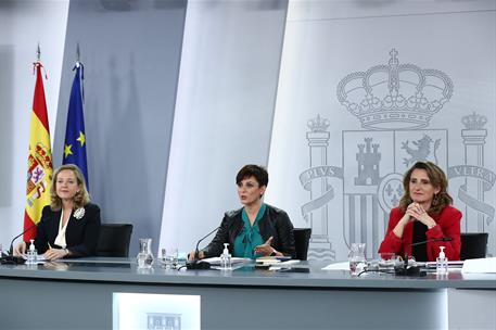14/12/2021. Rueda de prensa posterior al Consejo de Ministros: Isabel Rodríguez, Nadia Calviño y Teresa Ribera. La ministra de Política Terr...