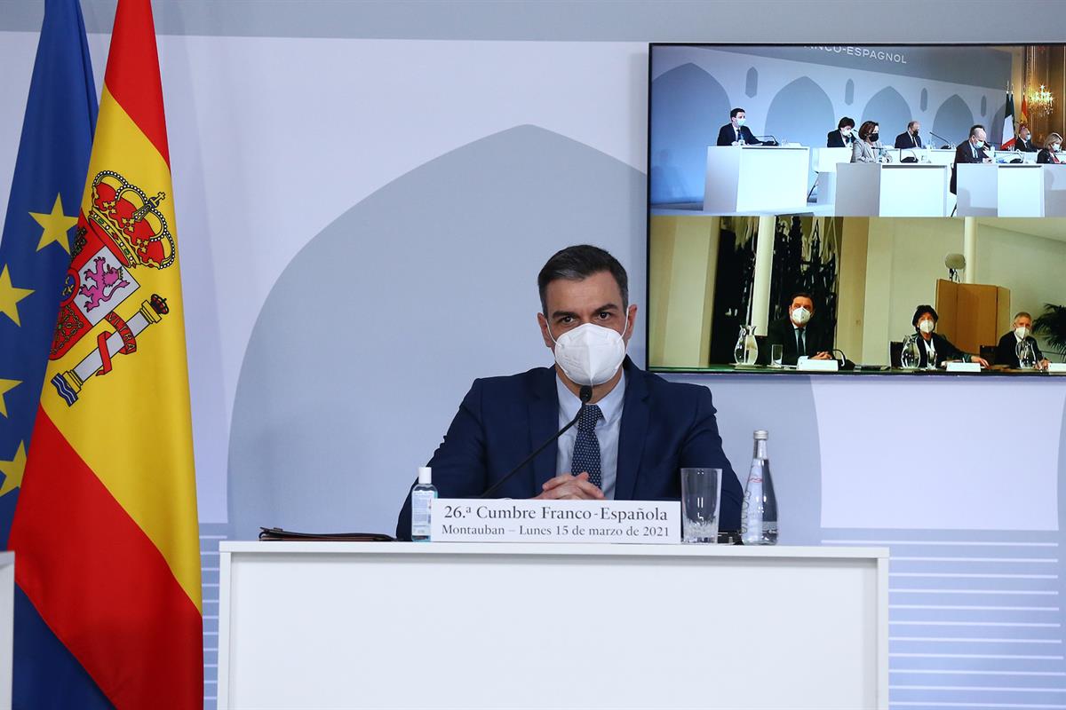 15/03/2021. Pedro Sánchez participa en la XXVI Cumbre Franco-Española. El presidente del Gobierno, Pedro Sánchez, durante la reunión plenari...