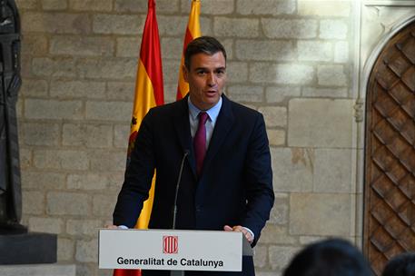 15/09/2021. Mesa de diálogo entre el Gobierno y el Govern de la Generalitat de Cataluña. El presidente del Gobierno, Pedro Sánchez, durante ...
