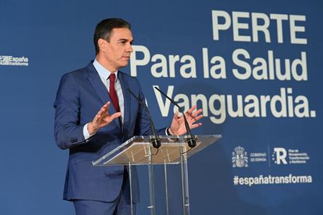 15/11/2021. Sánchez participa un acto sobre el PERTE en la Medicina de Vanguardia. El presidente del Gobierno, Pedro Sánchez, durante su int...