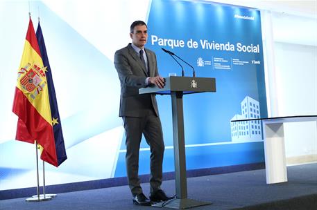 17/02/2021. Pedro Sánchez preside el acto de firma del Protocolo sobre Alquiler Social de Viviendas. El presidente del Gobierno, Pedro Sánch...