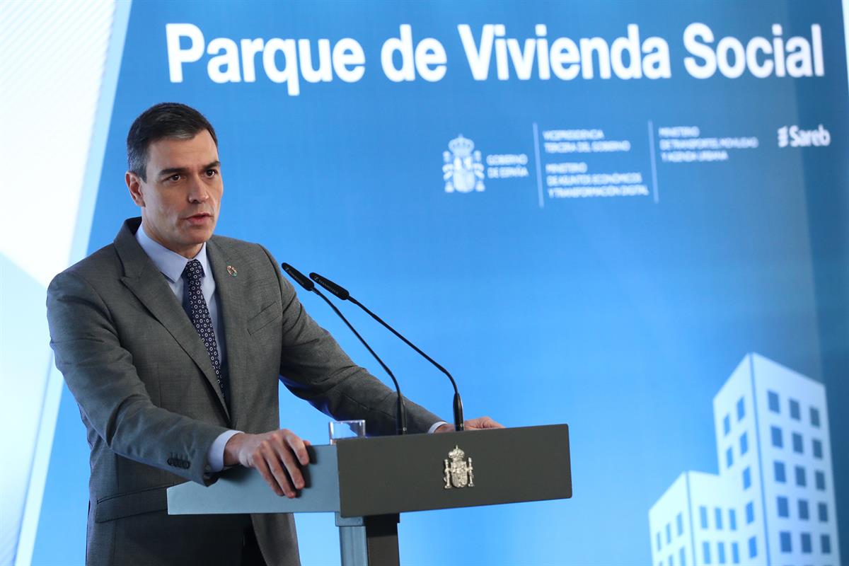 17/02/2021. Pedro Sánchez preside el acto de firma del Protocolo sobre Alquiler Social de Viviendas. El presidente del Gobierno, Pedro Sánch...