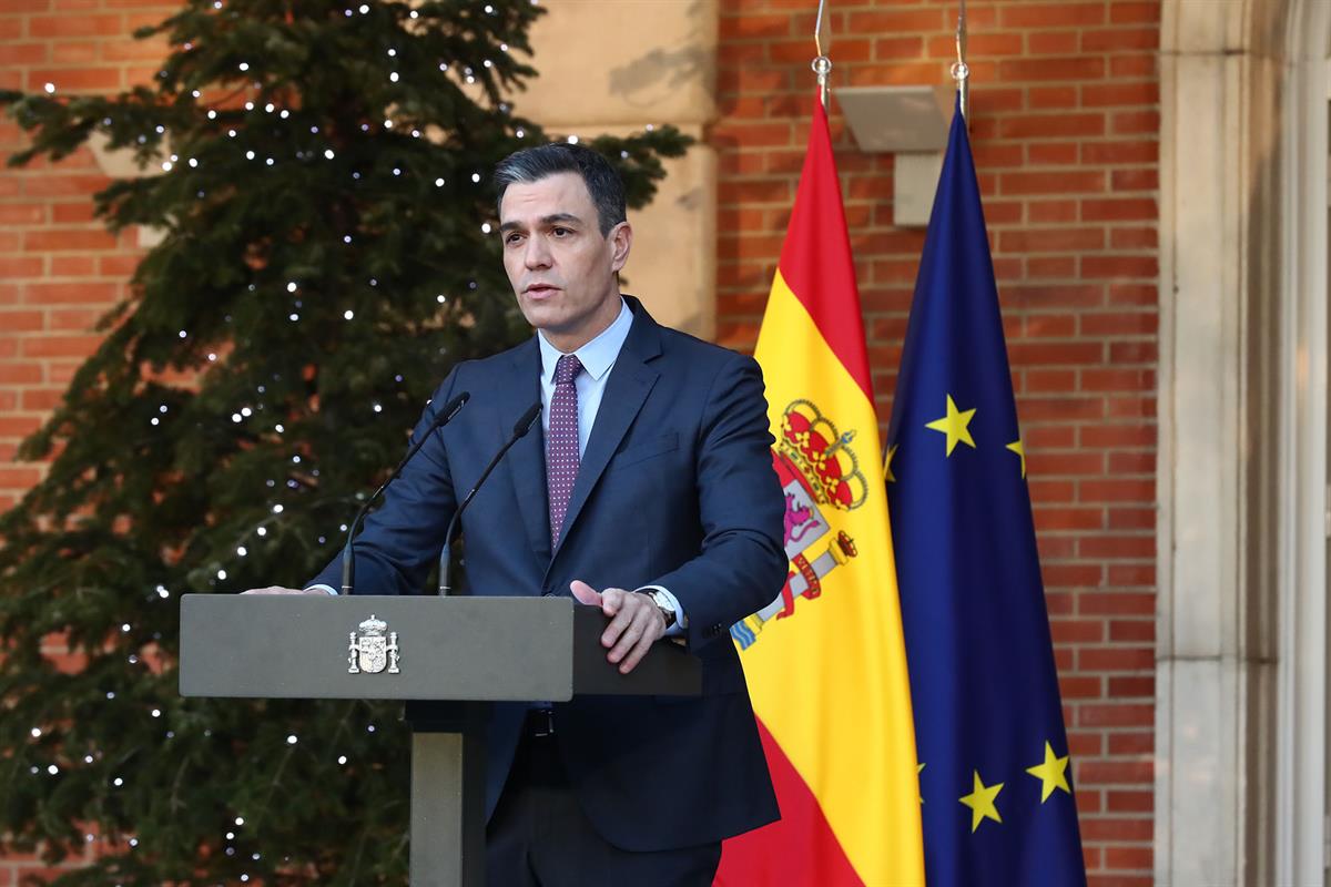 17/12/2021. Declaración institucional del presidente del Gobierno. El presidente del Gobierno, Pedro Sánchez, durante su intervención ante l...