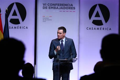 18/01/2021. Pedro Sánchez inaugura la Conferencia de Embajadores 2021. El presidente del Gobierno, Pedro Sánchez, en el acto de inauguración...