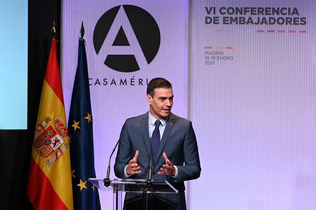 18/01/2021. Pedro Sánchez inaugura la Conferencia de Embajadores 2021. El presidente del Gobierno, Pedro Sánchez, durante su intervención en...