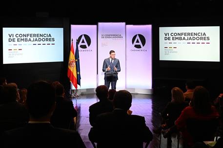 18/01/2021. Pedro Sánchez inaugura la Conferencia de Embajadores 2021. El presidente del Gobierno, Pedro Sánchez, durante su intervención en...