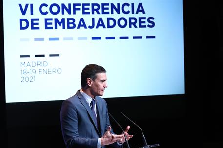 18/01/2021. Pedro Sánchez inaugura la Conferencia de Embajadores 2021. El presidente del Gobierno, Pedro Sánchez, durante su intervención en...