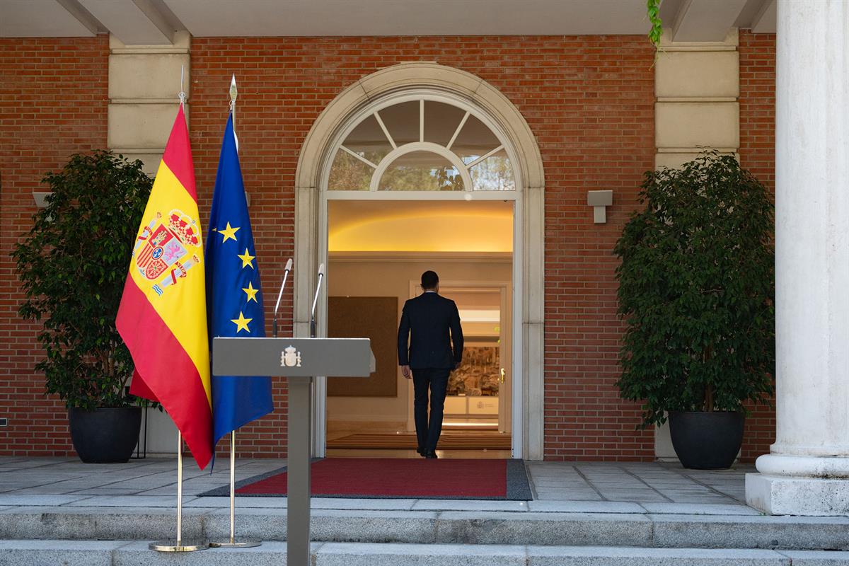 18/05/2021. Declaración Institucional de Pedro Sánchez por la crisis migratoria en Ceuta. El presidente del Gobierno, Pedro Sánchez, tras su...