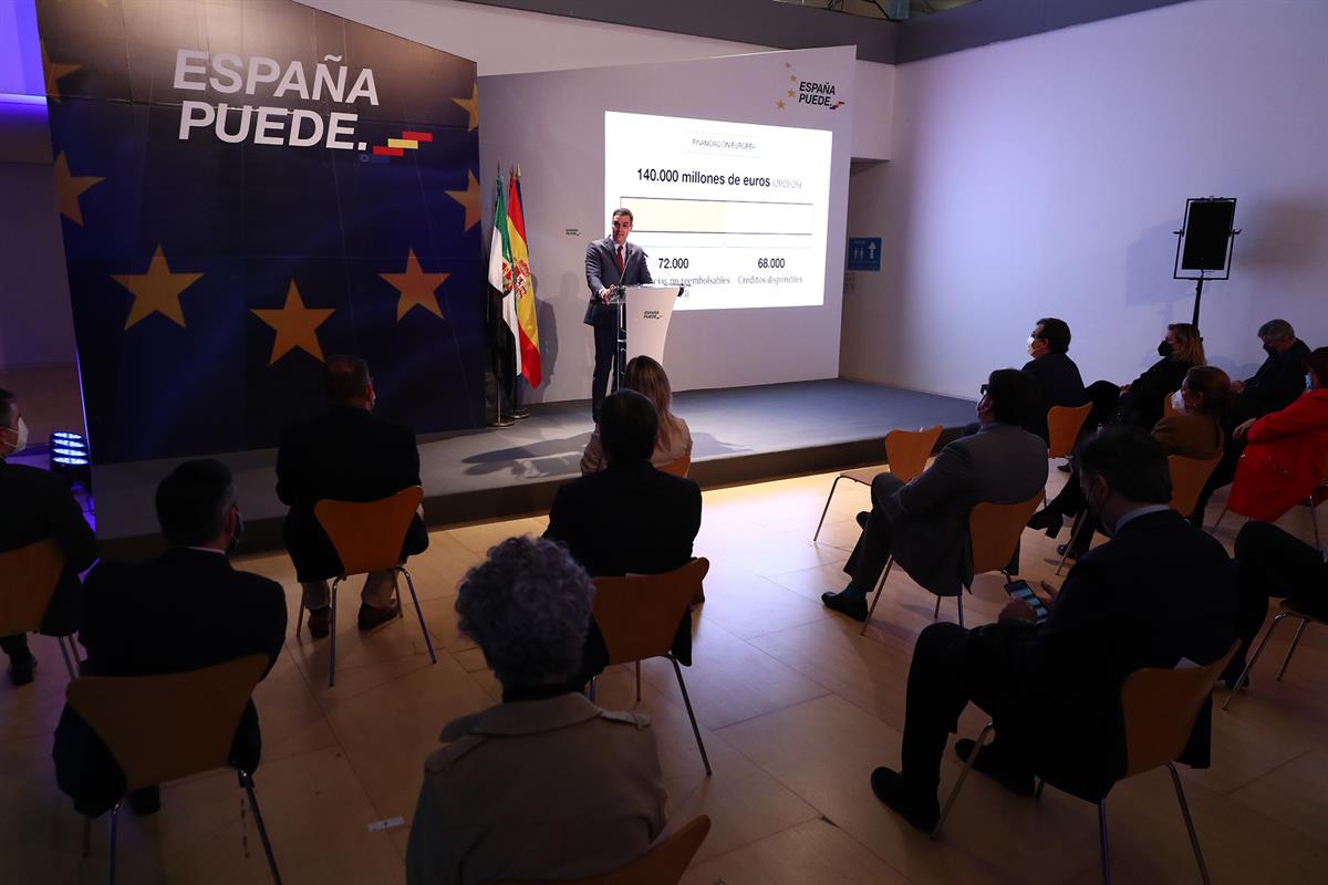 19/02/2021. Sánchez presenta el Plan de Recuperación, Transformación y Resiliencia en Extremadura. El presidente del Gobierno, Pedro Sánchez...