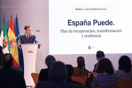 19/02/2021. Sánchez presenta el Plan de Recuperación, Transformación y Resiliencia en Extremadura. El presidente del Gobierno, Pedro Sánchez...