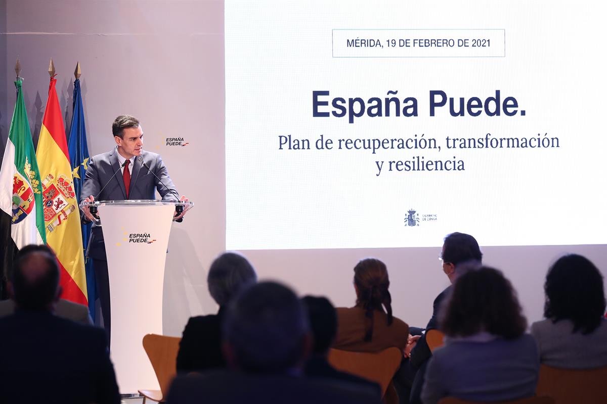 19/02/2021. Sánchez presenta el Plan de Recuperación, Transformación y Resiliencia en Extremadura. El presidente del Gobierno, Pedro Sánchez...