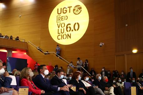 19/05/2021. Pedro Sánchez participa en el 43º Congreso Confederal de la UGT. El presidente del Gobierno, Pedro Sánchez, sigue las intervenci...