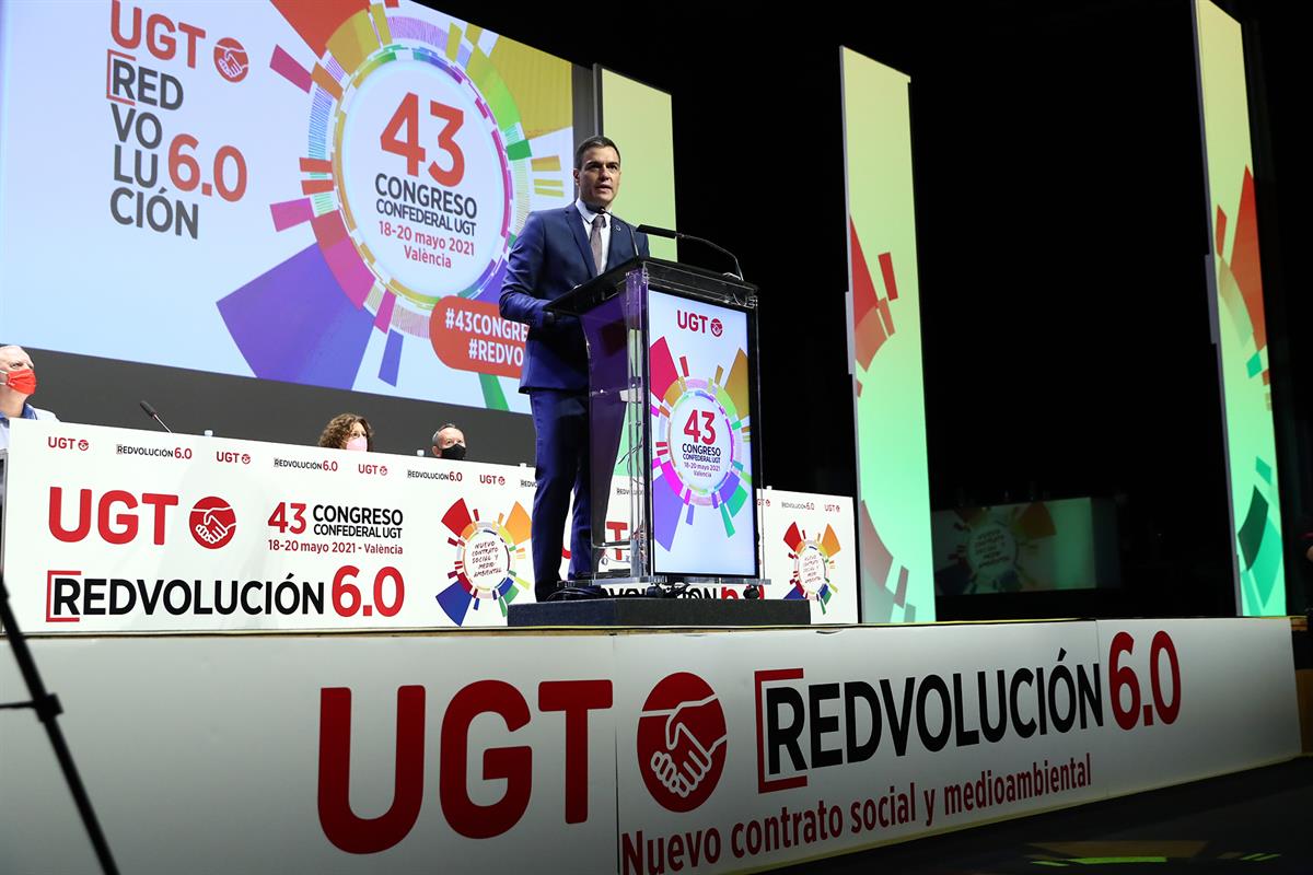 19/05/2021. Pedro Sánchez participa en el 43º Congreso Confederal de la UGT. El presidente del Gobierno, Pedro Sánchez, durante su intervención.