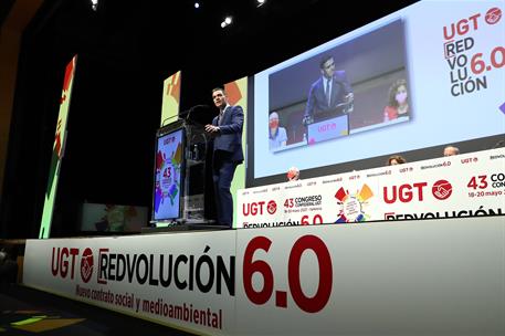19/05/2021. Pedro Sánchez participa en el 43º Congreso Confederal de la UGT. El presidente del Gobierno, Pedro Sánchez, durante su intervención.