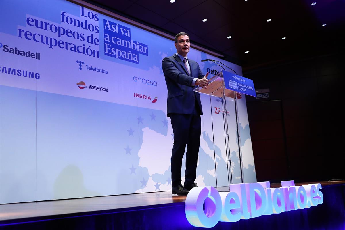 19/05/2021. Sánchez clausura la Jornada sobre 'Los fondos europeos de recuperación' en eldiario.es. El presidente del Gobierno, Pedro Sánche...