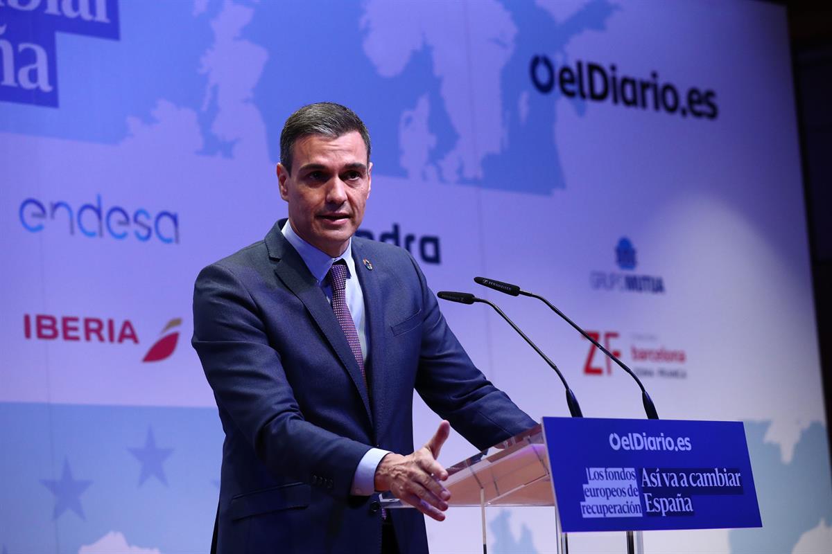 19/05/2021. Sánchez clausura la Jornada sobre 'Los fondos europeos de recuperación' en eldiario.es. El presidente del Gobierno, Pedro Sánche...