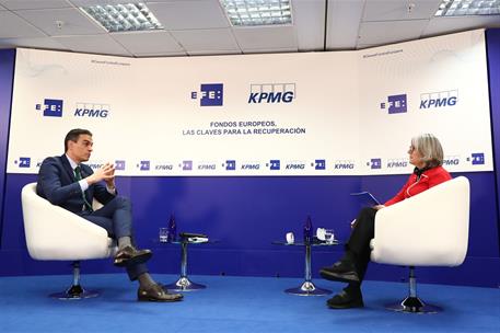 20/01/2021. Pedro Sánchez inaugura el Foro de Fondos Europeos. El presidente del Gobierno, Pedro Sánchez, durante su entrevista en el Foro d...