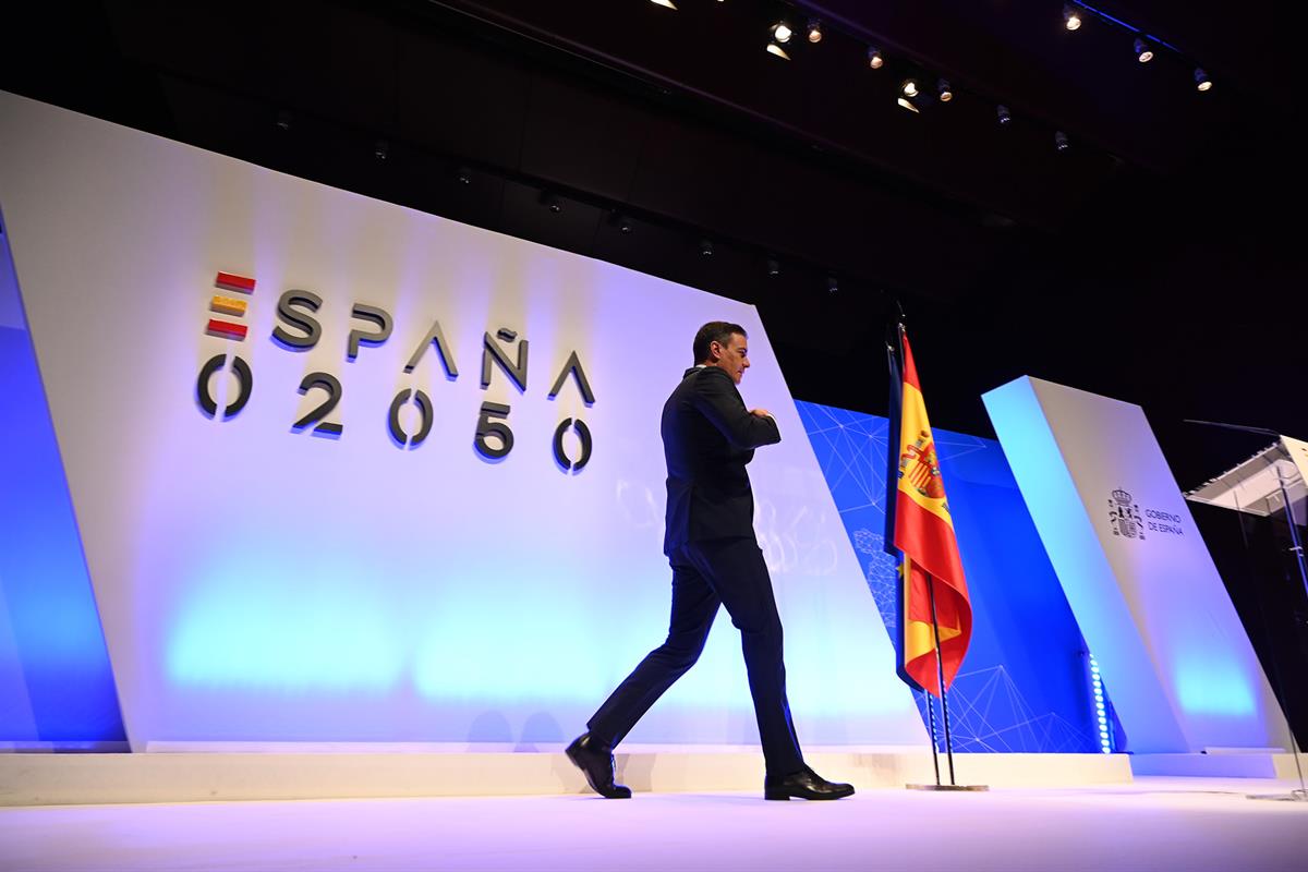 20/05/2021. Pedro Sánchez presenta el 'Informe 2050'. El presidente del Gobierno, Pedro Sánchez, durante la presentación del informe 'España...