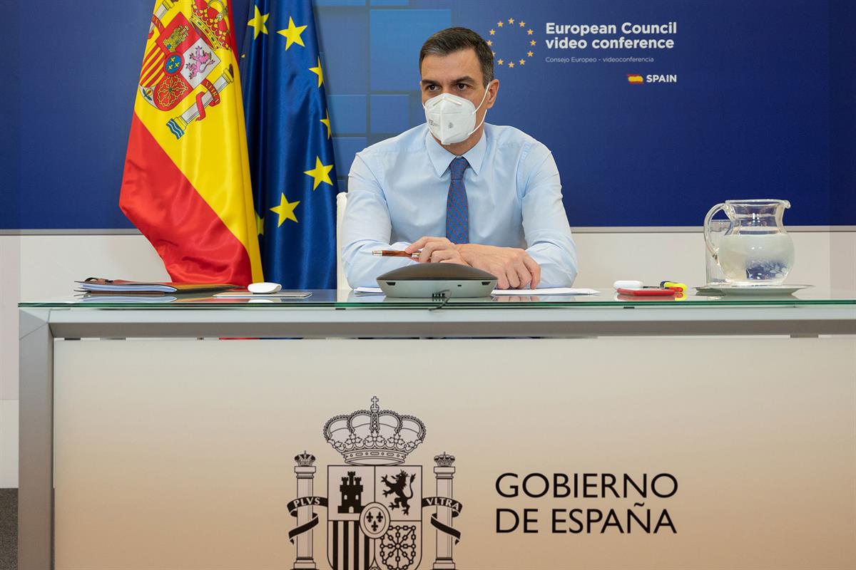 21/01/2021. Pedro Sánchez participa en el Consejo Europeo sobre coronavirus y vacunación. El presidente del Gobierno, Pedro Sánchez, durante...