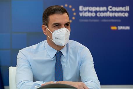 21/01/2021. Pedro Sánchez participa en el Consejo Europeo sobre coronavirus y vacunación. El presidente del Gobierno, Pedro Sánchez, durante...