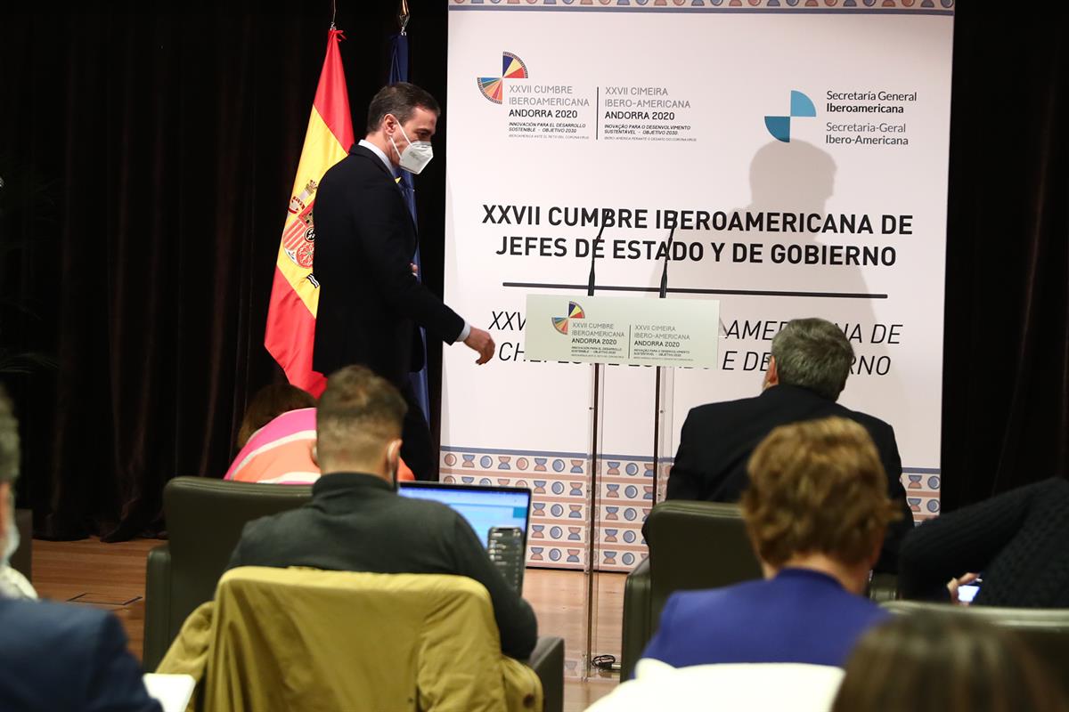 21/04/2021. Pedro Sánchez participa en la XXVII Cumbre Iberoamericana. El presidente del Gobierno, Pedro Sánchez, durante su comparecencia a...