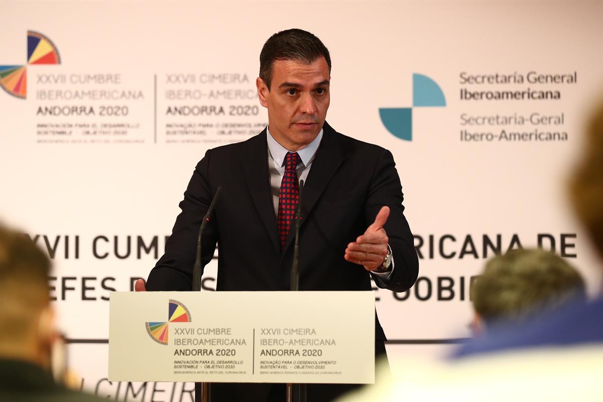 21/04/2021. Pedro Sánchez participa en la XXVII Cumbre Iberoamericana. El presidente del Gobierno, Pedro Sánchez, durante su comparecencia a...