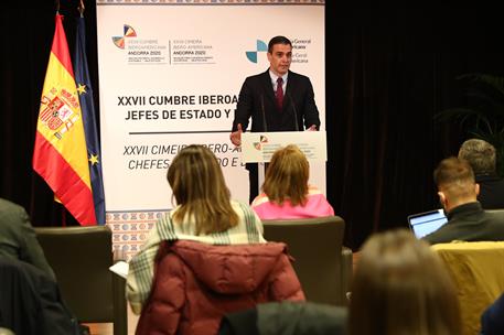 21/04/2021. Pedro Sánchez participa en la XXVII Cumbre Iberoamericana. El presidente del Gobierno, Pedro Sánchez, durante su comparecencia a...