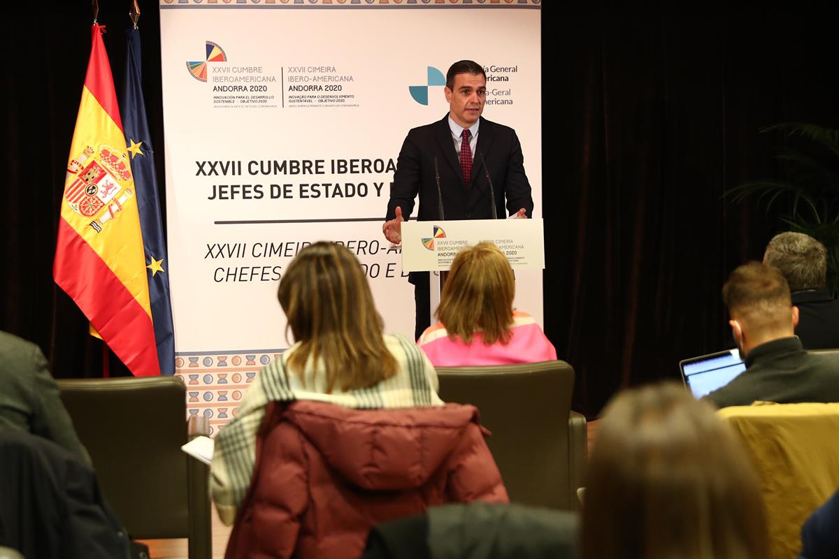 21/04/2021. Pedro Sánchez participa en la XXVII Cumbre Iberoamericana. El presidente del Gobierno, Pedro Sánchez, durante su comparecencia a...