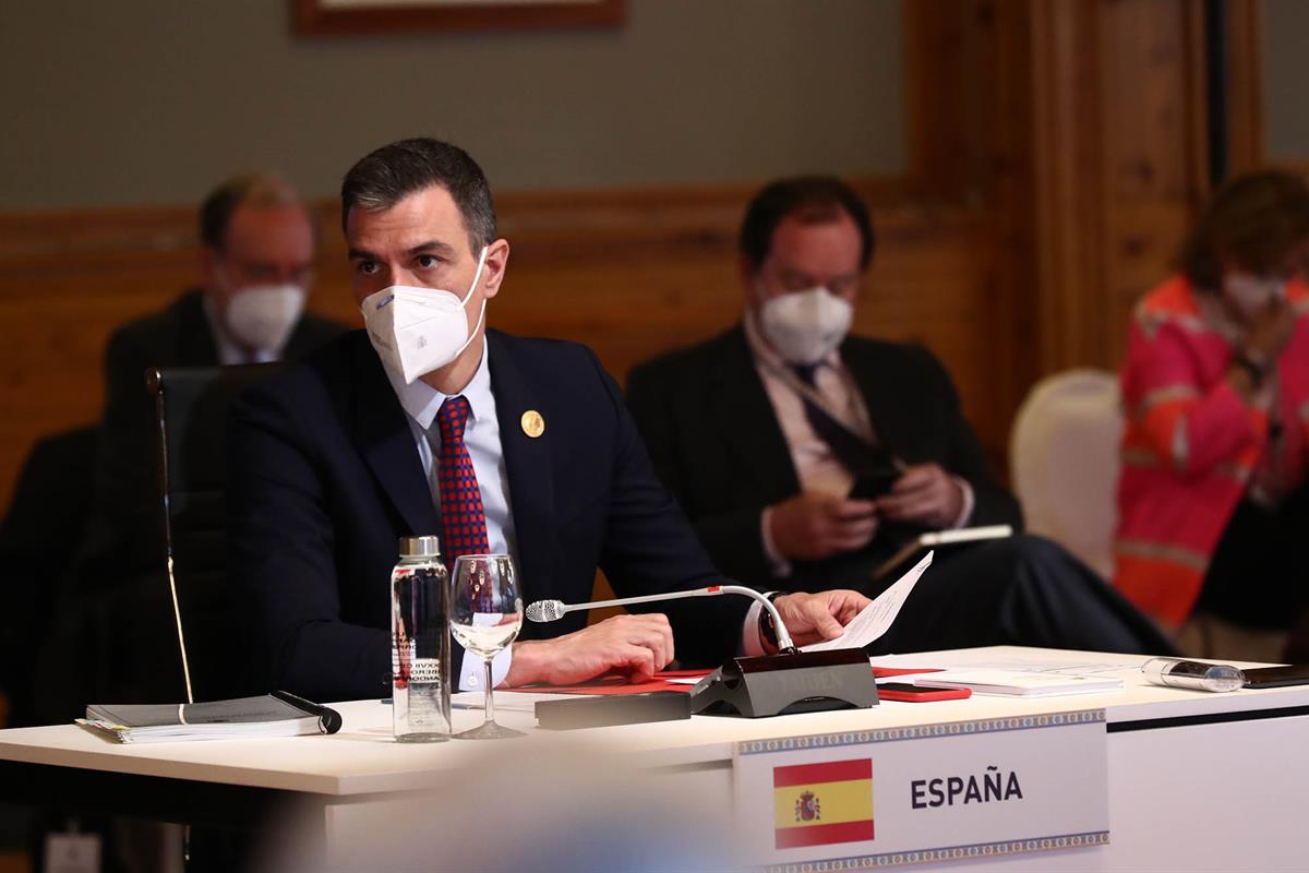 21/04/2021. Pedro Sánchez participa en la XXVII Cumbre Iberoamericana. El presidente del Gobierno, Pedro Sánchez, durante la reunión plenari...