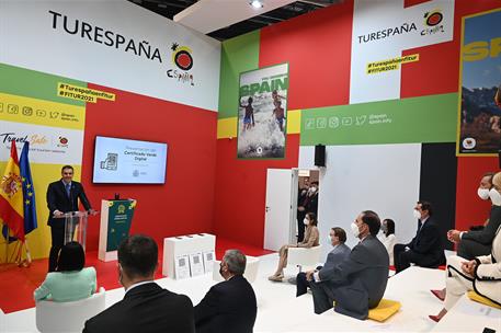 21/05/2021. Pedro Sánchez asiste a la presentación del Certificado Verde Digital en FITUR. El presidente del Gobierno, Pedro Sánchez, interv...