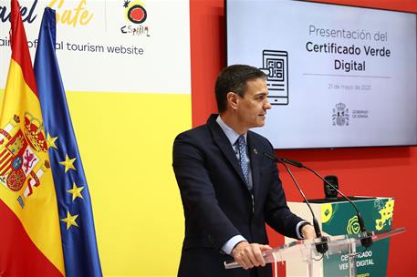 21/05/2021. Pedro Sánchez asiste a la presentación del Certificado Verde Digital en FITUR. El presidente del Gobierno, Pedro Sánchez, durant...