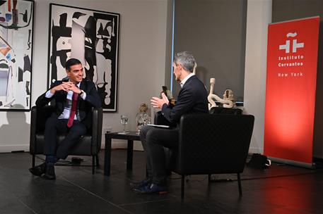 21/07/2021. Viaje de Pedro Sánchez a Nueva York - Instituto Cervantes. El presidente del Gobierno, Pedro Sánchez, participa en una entrevist...