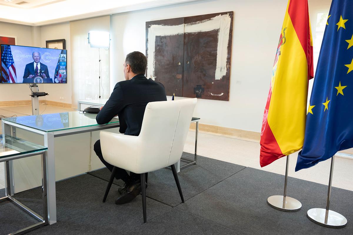 22/04/2021. El presidente del Gobierno partipa en la Cumbre del Clima. El presidente del Gobierno, Pedro Sánchez, durante su participación p...