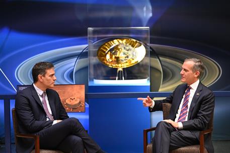 22/07/2021. Pedro Sánchez visita el Jet Propulsion Laboratory (JPL) de la NASA. El presidente del Gobierno, Pedro Sánchez, durante su reunió...