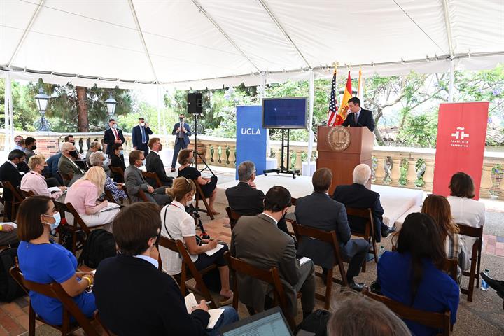 22/07/2021. Pedro Sánchez visita el Instituto Cervantes. El presidente del Gobierno, Pedro Sánchez, durante su intervención en el acto del I...