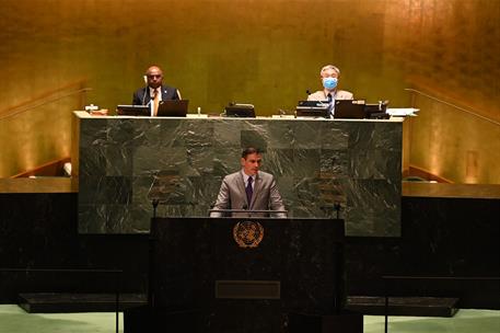 22/09/2021. Pedro Sánchez interviene en la 76ª Asamblea General de la ONU. El presidente del Gobierno, Pedro Sánchez, durante su intervenció...