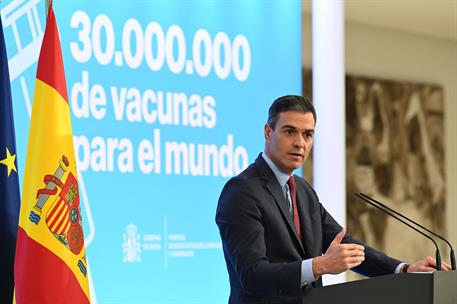 22/11/2021. Sánchez participa en el acto 'Vacunación solidaria: cumpliendo compromisos'. El presidente del Gobierno, Pedro Sánchez, durante ...