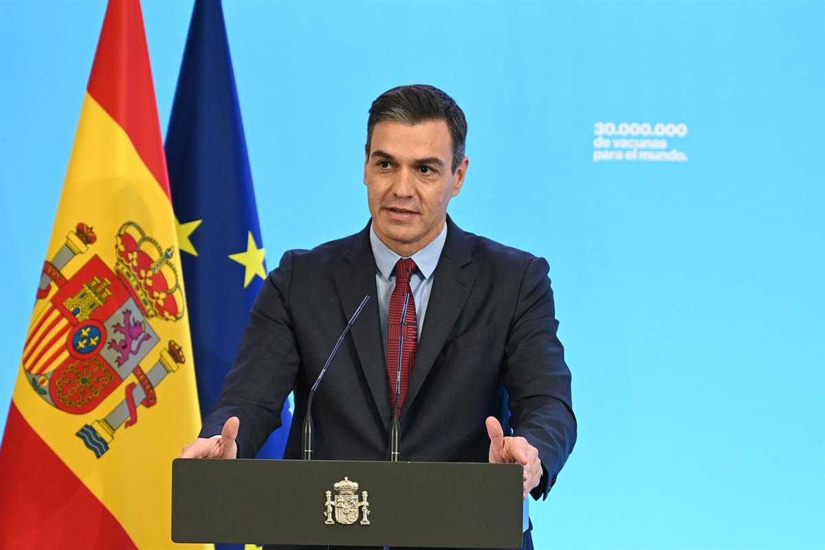 22/11/2021. Sánchez participa en el acto 'Vacunación solidaria: cumpliendo compromisos'. El presidente del Gobierno, Pedro Sánchez, durante ...